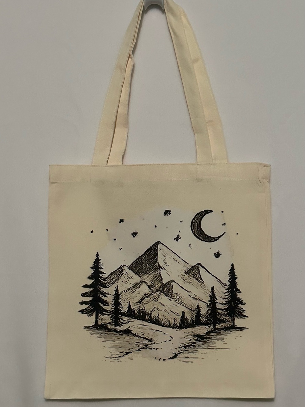 Canvas Tote Bag with Black Mountain Night Print - Cream Size 13” x 14”